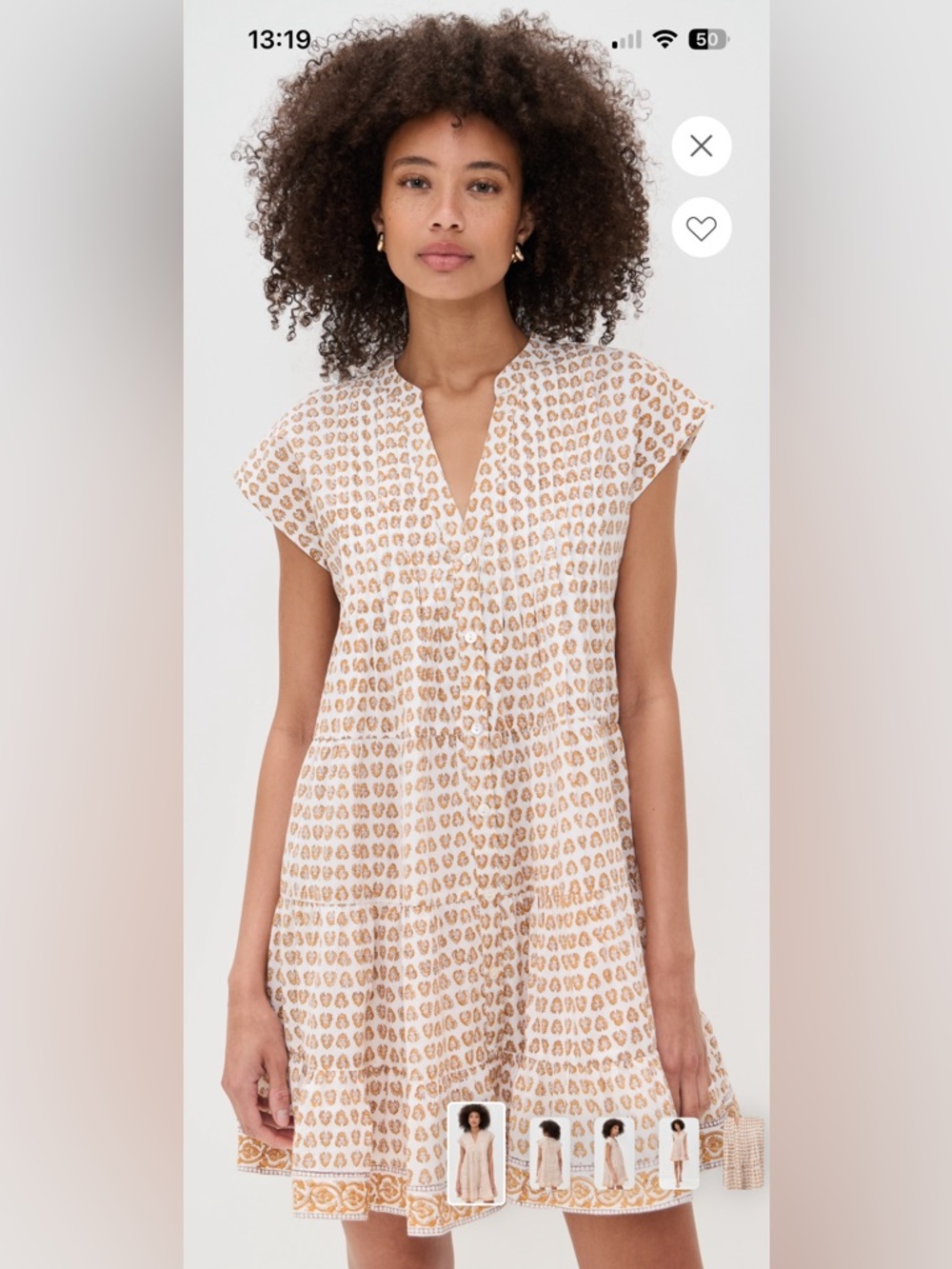 Button-Front Cream and Yellow Printed Tiered Mini Dress